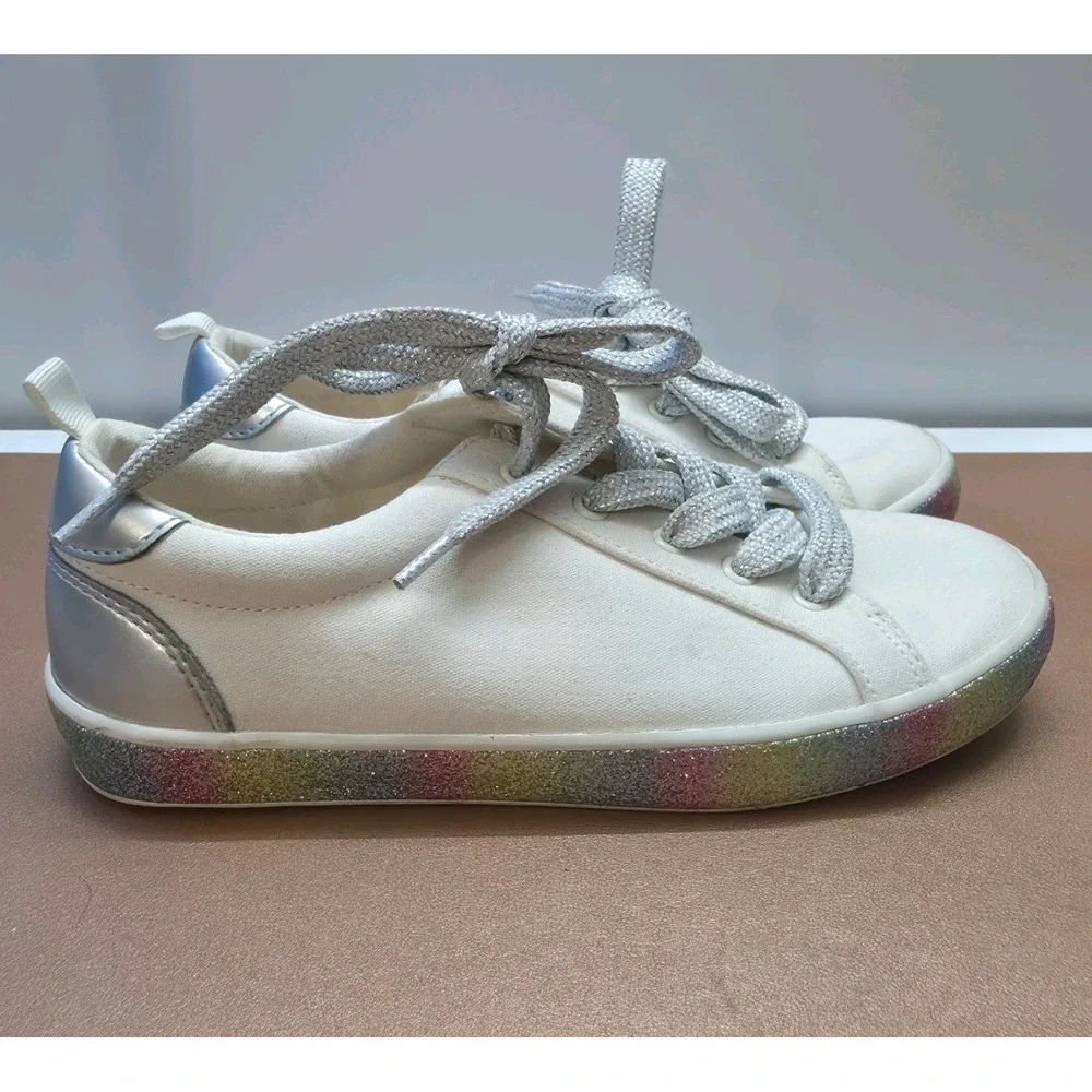 Gap Kids Cream Canvas Sneakers Sparkly Rainbow Trim Silver Laces Girls Size 4